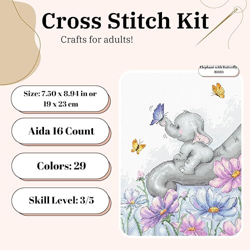 Luca-S Kit point de croix Éléphant avec papillon B1183 19 x 23 cm - Nail Gallerys