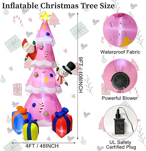 Sapin de Noël Gonflable 2,7 m Rose Avec Père Noël, Bonhomme de Neige, Boîte Cadeau - Décorations de Cour Gonflables Avec Lumières LED Intégrées Pour Fête, Cour, Jardin - Nail Gallerys
