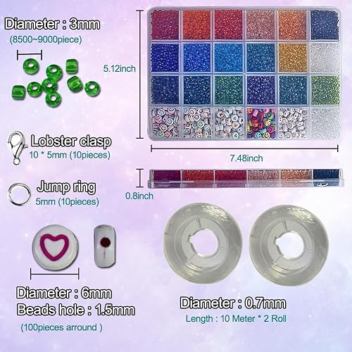 Lot de 5000 mini perles pour bracelets en verre - Perles colorées à enfiler + perles smiley à enfiler - Avec cordon élastique - Pour femmes, enfants, adultes, femmes - Nail Gallerys