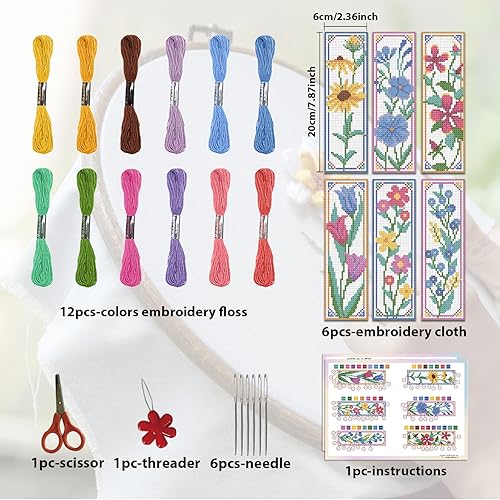 ORIGACH Kit de 6 marque-pages au point de croix pour débutants - Motif tournesols et tulipes - Broderie estampée - Broderie au point de croix avec instructions (français non garanti) - Nail Gallerys