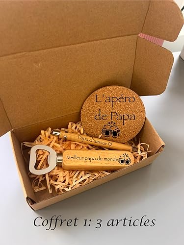 Coffret cadeau personnalisé pour homme - coffret boite kraf- dessous de verre liège personnalisé-ouvre bouteille en bois personnalisé- stylo bambou personnalisé-porte clé cuir personnalisé - Nail Gallerys