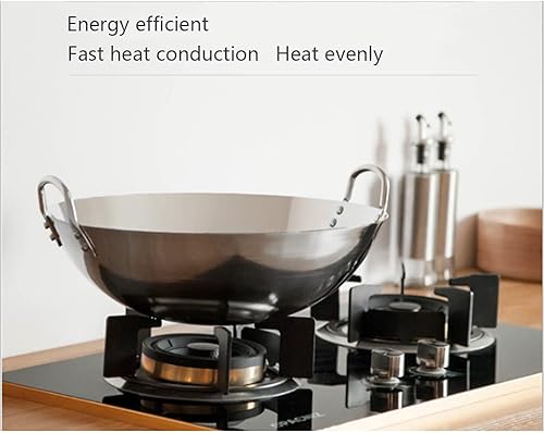 OQHAIR Wok en Acier Inoxydable Non Enduit Wok Commercial Chinois Double Oreille 40cm 47cm Polissage Facile à Nettoyer Non magnétique Augmentation Épaisse Wok Antiadhésif Convient aux Cuis - Nail Gallerys