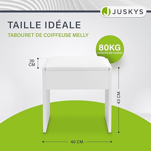 Juskys Tabouret de Coiffeuse Melly avec Coussin rembourré et Housse en Similicuir, Pouf de Maquillage en Bois, Siège Modern pour Chambre à Coucher, 40 x 30 x 43 cm - Nail Gallerys