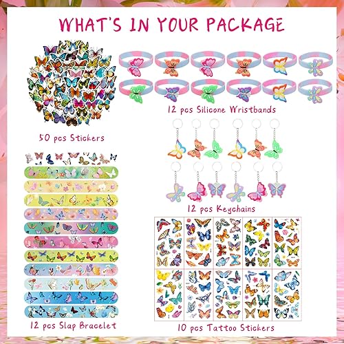 96 Pièces Papillon Party Gift Girl Fée Articles De FêTe D'Anniversaire Avec Bracelet En Silicone Papillon, Bracelet Clap, Porte - Clés, Autocollants De Tatouage Et Autocollants DéCoratifs Pour Enfants - Nail Gallerys