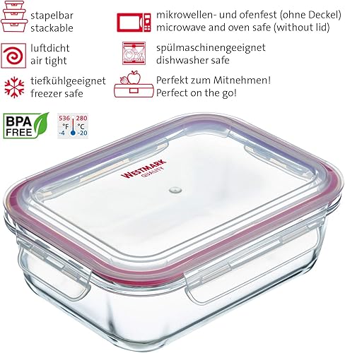 Westmark Boîte de Conservation en Verre, Couvercle Clipsable, Volume: 370 ml, Hermétique, Adapté à la Congélation, Micro-Ondes, Four, Sans BPA, Verre/Plastique/Silicone, Transparent/Rouge, 234122E1 - Nail Gallerys