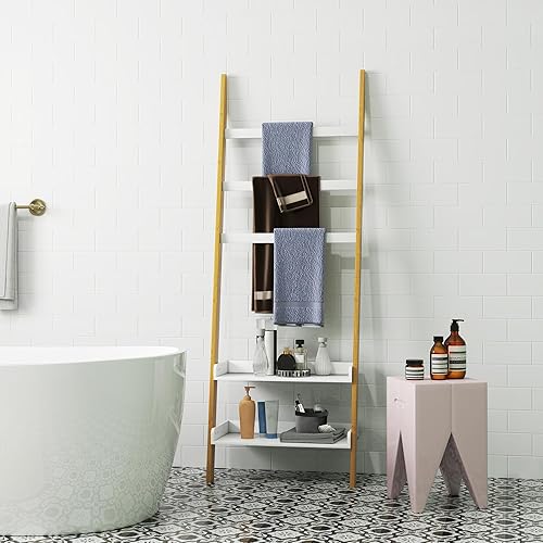 HOMCOM Porte-Serviettes Échelle à 5 Niveaux Échelle à Vêtements avec 2 étagères Gain de Place pour Salle de Bain, Chambre, Salon, Blanc - Nail Gallerys