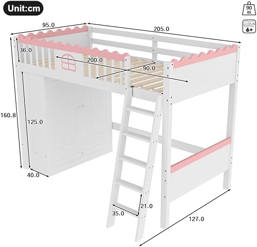 Zubaliya Lit Mezzanine, lit Simple 90x200 cm, lit Enfant avec éclairage LED, avec Armoire, avec tiroirs de Rangement, pin, Blanc (sans Matelas) - Nail Gallerys