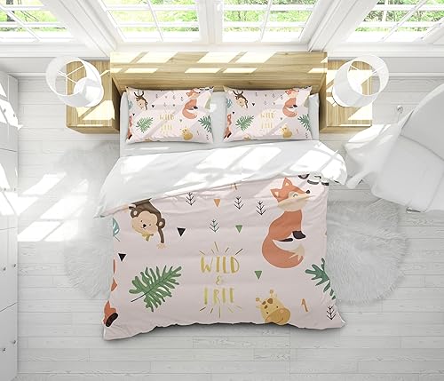 JGGXHM Housse de Couette pour Enfants, Motif Dessin animé, Singe, Girafe, Renard, Ours, Ensemble de literie sur Le thème des Animaux du Zoo, Housse de Couette, décoration200 x 200 cm - 50 x 75 cm x 2 - Nail Gallerys