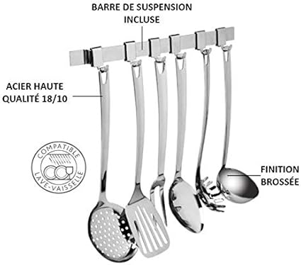 Lagostina Grancucina Ensemble d'Ustensiles de Cuisine en Acier Inoxydable 18/10 avec Louche, Écumoire, Spatule, Cuillère, Fourchette, Cuillère à Spaghetti et Barre de Fixation Murale - Nail Gallerys