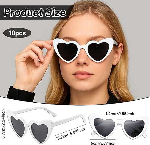 JazRvr Lot de 10 paires de lunettes de soleil en forme de cœur blanc pour fête, mariage, carnaval, activités de plein air, accessoire de mode pour femmes et enfants - Nail Gallerys