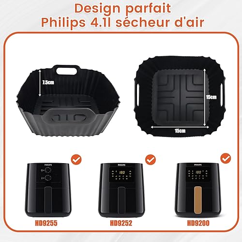 Lot de 2 moules en silicone pour friteuse à air chaud Philips Airfryer 4,1 l (HD9252, HD9200, HD9255), insert en silicone, accessoire pour friteuse Cosori 3,8 l - 4,7 l, Ninja Pro 4,7 l - Nail Gallerys