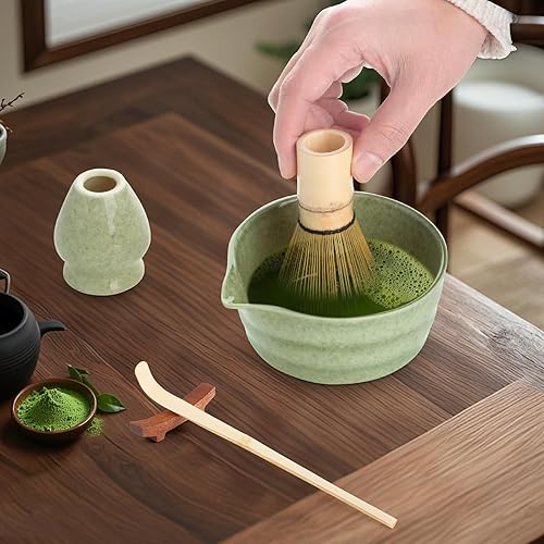 Ensemble à matcha avec mousseur à lait portable, kit de 6 pièces comprenant une cuillère en bambou, un bol à matcha, un support de fouet, un fouet à matcha, un repose-cuillère, un service à thé - Nail Gallerys