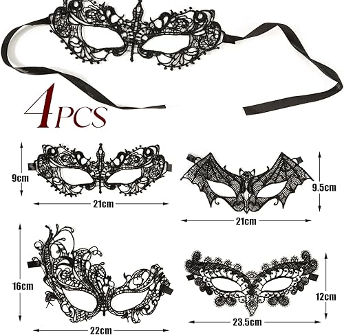 BOOMTOP 4pcs Masques Vénitiens en Dentelle Noir Masque de Yeux Chauve-souris Petit Paon de Mascarade Femmes Hommes Accessoire Déguisement Costume pour Carnaval Halloween Soirée Party Fête de Noël - Nail Gallerys