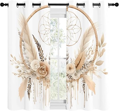 Rideau Occultant Motif Fleurs Brunes, Rideaux Blanc Marron 2 Pièces L 100 x H 120, Thermique Anti UV Tenture Opaque à Oeillets Bohême Decoration Chambre Maison Salon Intérieurs, A105 - Nail Gallerys