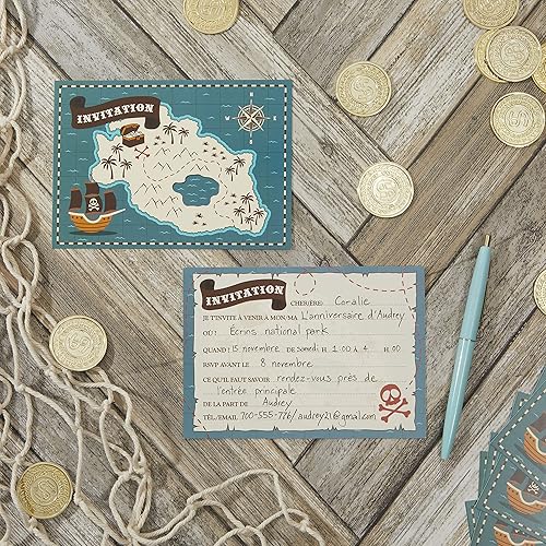 Paper Junkie Paquet de 24 Cartes d'Invitation d'Anniversaire à Remplir sur le Thème des Pirates et Carte au Trésor, Format A6 - Nail Gallerys
