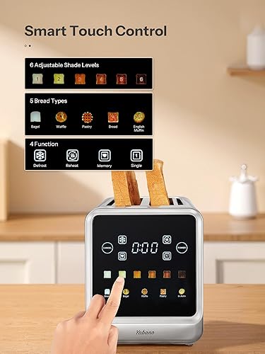 Grille-pain à fente longue en acier inoxydable avec écran tactile intelligent et fonction mémoire, Grille-pain 2 tranches avec 6 niveaux de brunissage, 5 types de pain, fonction décongélation & réchau - Nail Gallerys