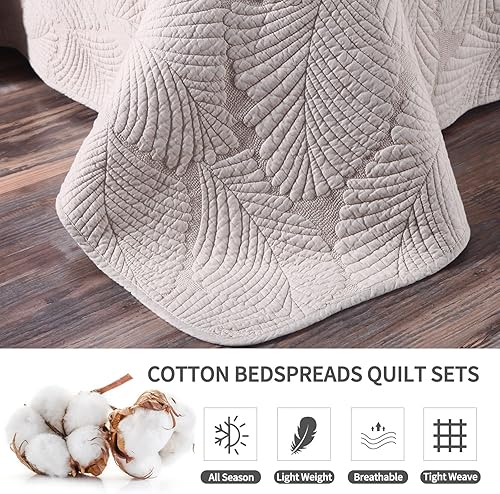Qucover Ensemble Couvre Lit Beige 2 Personnes 220x240cm, 3 Pièces en Motif Feuille de Palmier, Boutis Coton 100% avec 2 Taies d'oreiller 50x70cm, Dessus de Lit et Jeté - Nail Gallerys