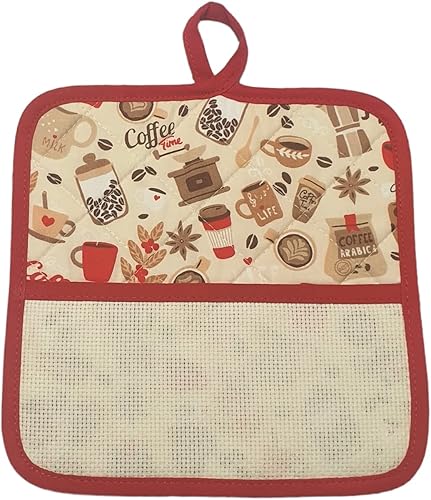Lot de 2 maniques de cuisine fantaisie café avec toile Aïda 55 trous, 100 % coton emballées en Italie - Nail Gallerys