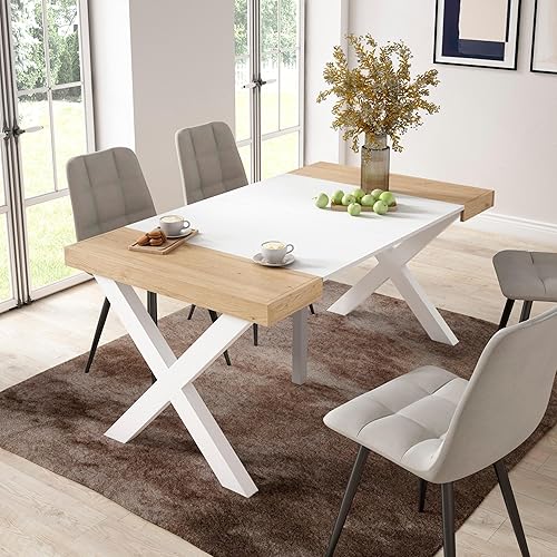 Skraut Home | Table Console Extensible | Console Meuble | 160 | pour 8 Personnes | Pieds Bois Massif | Style Moderne | Chêne et Blanc - Nail Gallerys