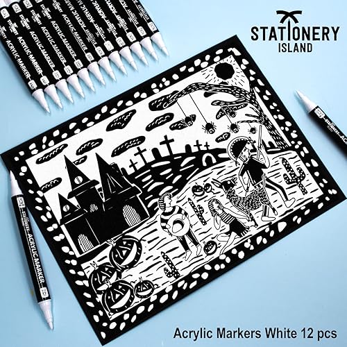 STATIONERY ISLAND Marqueurs Acryliques Blancs – 12 Stylos Acrylique Double Pointe Fine & Pinceau – Feutres Acrylique Peinture à Base d’Eau pour Pierre, Verre, Bois, Céramique, Métal, Tissu et Plus - Nail Gallerys