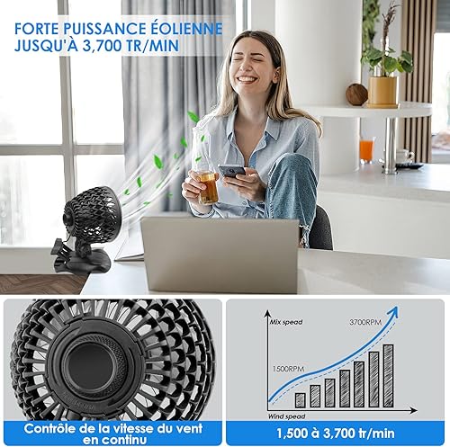 AJVV Ventilateur de Bureau, Portable Ventilateur Silencieux avec Clip, Mini Ventilateur USB Rotation à 360 ° & Vitesse Réglable en Continu Ventilateur Pince Poussette pour Maison Bureau sans Batterie - Nail Gallerys