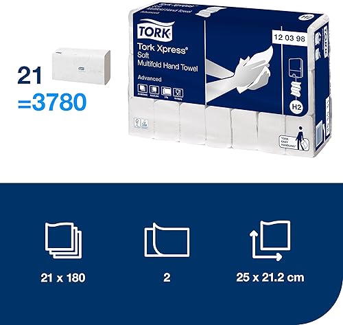Tork Xpress Essuie-mains interfoliés doux blancs H2, Advanced, 2 plis, pliage en Z, absorbants, 21 x 180 feuilles, 120398 - Nail Gallerys