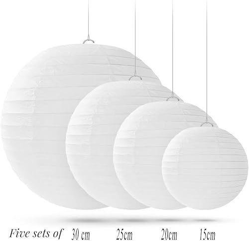 Jangostor 20 PCS Lanternes en Papier Rondes Blanc avec Nervures en Fil, Abat-Jour de différentes Tailles pour Les Mariages, Anniversaires, fêtes, Tailles Assorties de 15, 20, 25,30 CM (Blanc) - Nail Gallerys