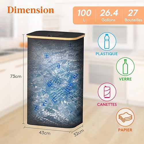 Lifewit Poubelle Recyclage 100 L Transportable, Collecteur de Bouteilles Verre, Plastique, Grand Poubelle en Bambou pour Tris Selectif, Noir - Nail Gallerys