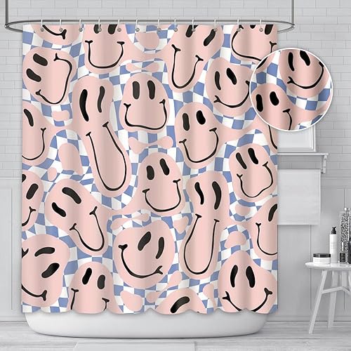 AIBIIN 180x180cm rétro des années 70 Rose Smiley Rideau de Douche Hippie Adolescente Filles Mignon Groovy Salle de Bain décor Accessoire Funky Bain Rideaux décor Ensemble avec 12 Crochets - Nail Gallerys