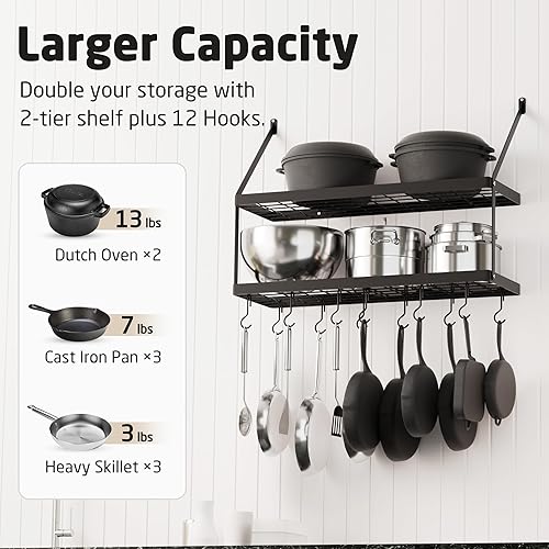 KES Porte Casseroles Mural avec 12 Crochets 2 Niveaux Porte-Casseroles Noir Mat Étagère Cuisine Support de Pot Organisateur 75 CM, KUR218S75B-BK - Nail Gallerys
