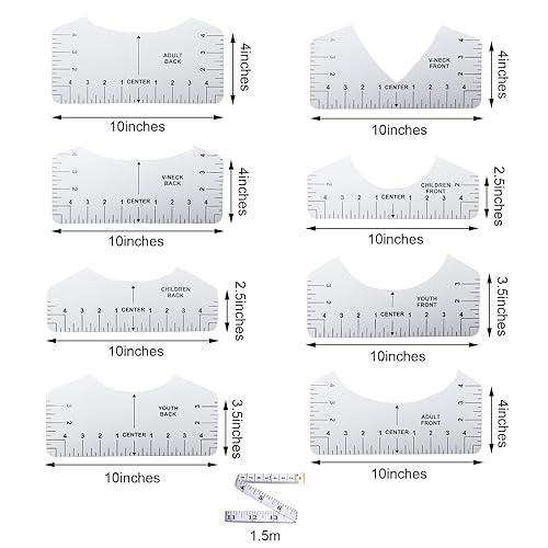 8 Pièces Guide des Tailles pour T-shirts, Règle d'Alignement pour T-shirts, Guide de Règle de T-shirt avec 1.5m Ruban à Mesurer Souple - Nail Gallerys