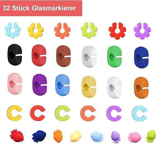 Lot de 32 marqueurs de verre en silicone réutilisables pour verre à vin, tasses, verres à boire, décorations de fête et utilisation à la maison, Silicone - Nail Gallerys