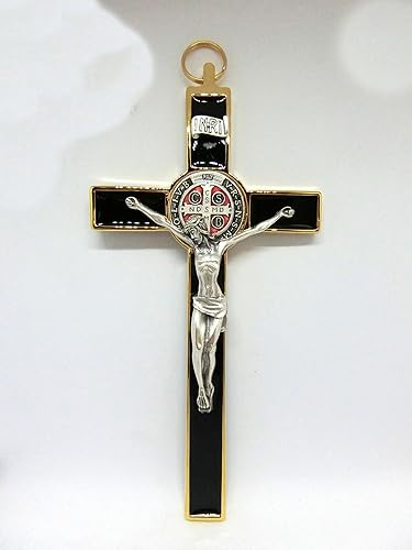 10.004.21 Crucifix doré et noir de Saint Benoît 20 cm, émaillé à la main avec boîte cadeau, exorcisme, prête exorciste - Nail Gallerys