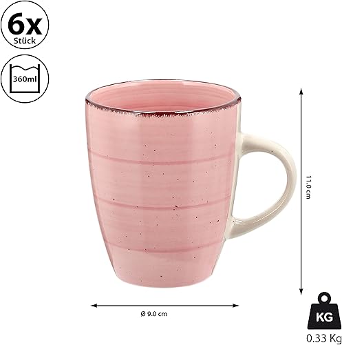 Lot de 6 tasses à café | Grès 360 ml 9 x 11 cm | Tasse à café avec anse (1 lot de 6 tasses rose) - Nail Gallerys