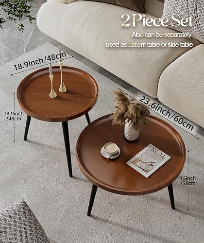 Vanpoo Ensemble de 2 tables basses rondes modernes du milieu du siècle en noyer pour salon, tables basses gigognes, petites tables d'appoint rondes pour canapé, chevet, bureau, balcon - Nail Gallerys