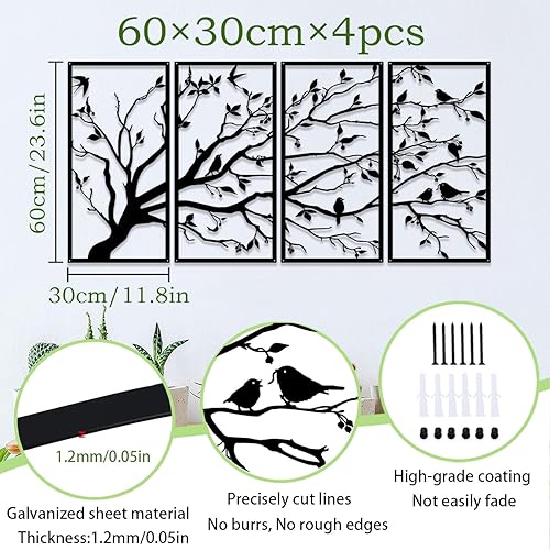 Luccyle Art mural en métal arbre de vie 4 panneaux signe d'arbre art mural décoration murale décoration d'intérieur cadeau de pendaison de crémaillère, 4 pièces (23.6in*11.8in) - Nail Gallerys