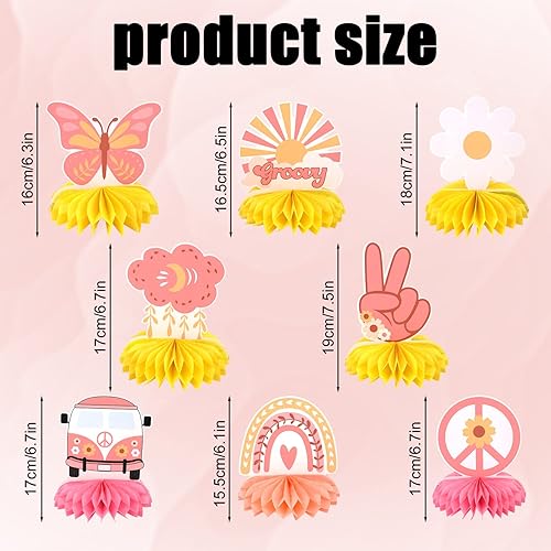 SAVITA 8pcs Hippie Decoration Party, Centres de Table Réutilisables en Nid d'abeille Hippie Décorations de Fête Groovy Boho Hippie avec Trombones pour Filles Adolescents Marguerite Signe Papillon - Nail Gallerys