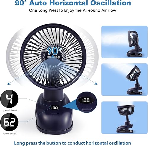 Ventilateur à pince oscillant automatique, ventilateur de bureau USB à 4 vitesses avec affichage de l'électricité, fonctionnement silencieux 3600 mAh, pour la maison, le bureau et le camping - Nail Gallerys