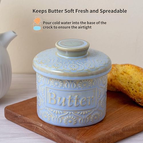 beurrier à eau, Beurre Pot en Porcelaine, beurrier en céramique, beurrier eau avec couvercle, Plat à Beurre français, beurriers vintage, butter dish avec Couvercle en Relief pour Beurre Mou - Bleu - Nail Gallerys