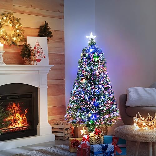HOMCOM Sapin de Noël Artificiel Lumineux 120H cm Fibre Optique LED Multicolore + Support Pied 130 Branches étoile Sommet Brillante Vert - Nail Gallerys