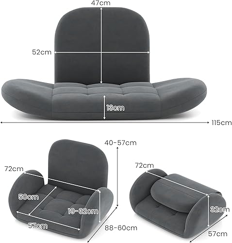 GOPLUS Fauteuil de Sol Pliable, Chaise de Méditation, 60 x 72 x 57CM, Chaise de Jeu avec Soutien Dorsal Réglable à 3 Positions et Accoudoirs Réglables à 5 Positions, Charge 150kg, Gris - Nail Gallerys