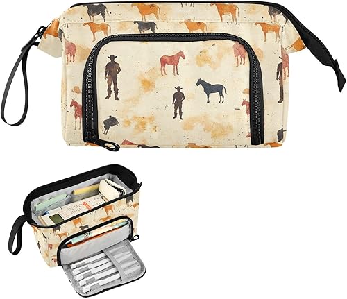 Grande trousse à crayons de voyage avec poignée, motif vache du désert de cowboy occidental, pour adolescents et adolescents - Nail Gallerys