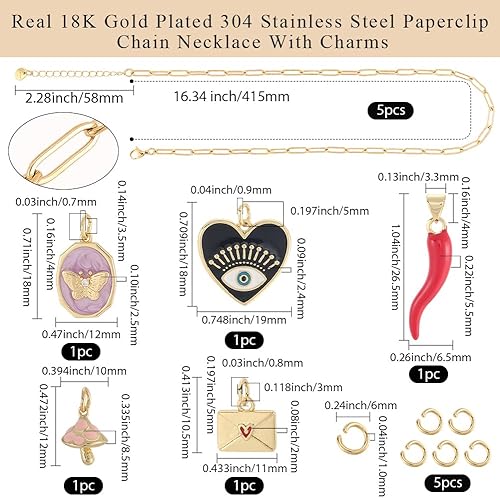 Beebeecraf Kit de Fabrication de Bracelets à Breloques Plaqués Or 1 carats 18 chaînes en Acier Inoxydable 304 trombones Collier pour Femme avec 5 anneaux Ouverts Abeille Œil du Diable Enveloppe - Nail Gallerys