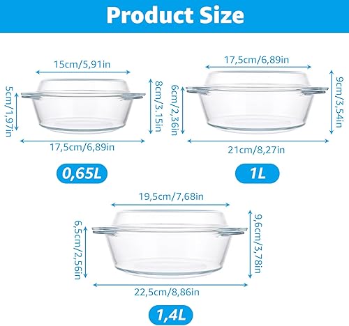 YAYODS Lot de 3 plats à gratin ronds en verre avec couvercle - 650/1000/1400 ml - Plat à gratin rond - Passe au four à micro-ondes avec poignées pour salade de fruits, viande, micro-ondes, four - Nail Gallerys