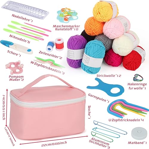 Aeeque 82 pcs Kit Crochet Débutant Complet Adulte, 12pcs 0,6-1,9mm Aiguille à Crochet pour Dentelle, 12pcs Crochet Ergonomique, 12pcs Pelotes de Laine pour Crochet Tricot, Crochet Kit(Sac Rose) - Nail Gallerys