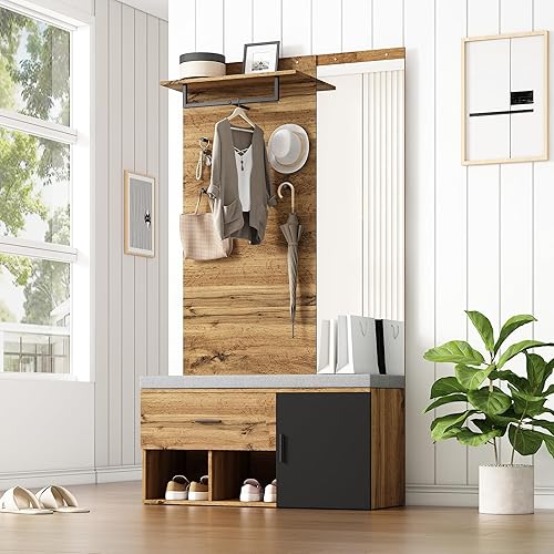 Winalott Ensemble de garde-robe aspect bois de 190 cm avec miroir, 104 x 39 cm, banc à chaussures, meuble à chaussures et plus encore - Nail Gallerys