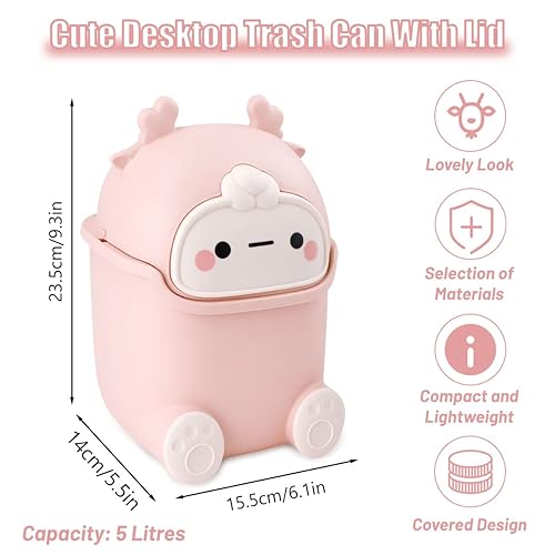 TIE-DailyNec Petite Poubelle, Mini Poubelle de Bureau avec Couvercle, Belle Corbeille à Papier, Poubelle de Table avec 3 Rouleaux de Sacs Poubelle pour Chambre à Coucher, Bureau, Salon (Rose) - Nail Gallerys