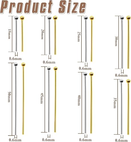 TOAOB Lot de 800 Clous à Tête de Boule en Laiton 8 Tailles Broches Droites Rondes 18 mm 20 mm 25 mm 30 mm 35 mm 40 mm 45 mm 50 mm pour Bricolage Colliers Boucles d'oreilles Bijoux Or et Argent Ton - Nail Gallerys