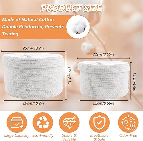 YAYODS Lot de 2 paniers de rangement avec couvercle – Ø 26 cm + Ø 22 cm - Panier en corde de coton naturel tressé rond - Panier tressé en coton - Boîte de rangement avec couvercle pour chambre - Nail Gallerys