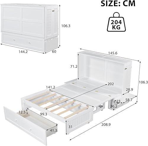 KOMHTOM Lit Escamotable en Bois avec Tiroir de Rangement, Lit Plateforme Transformable, Cadre de lit, Sommier à Lattes(sans Matelas) (140 x 200cm) - Nail Gallerys